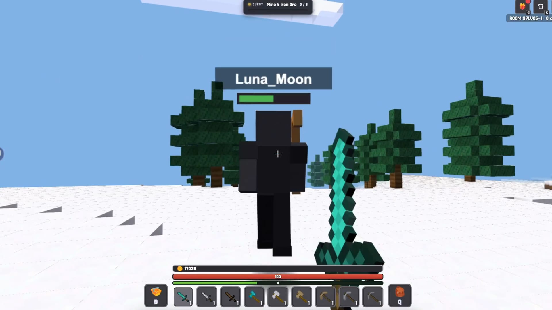 Kubz.io — a player wields a glowing diamond sword next to another character in a snowy voxel forest.