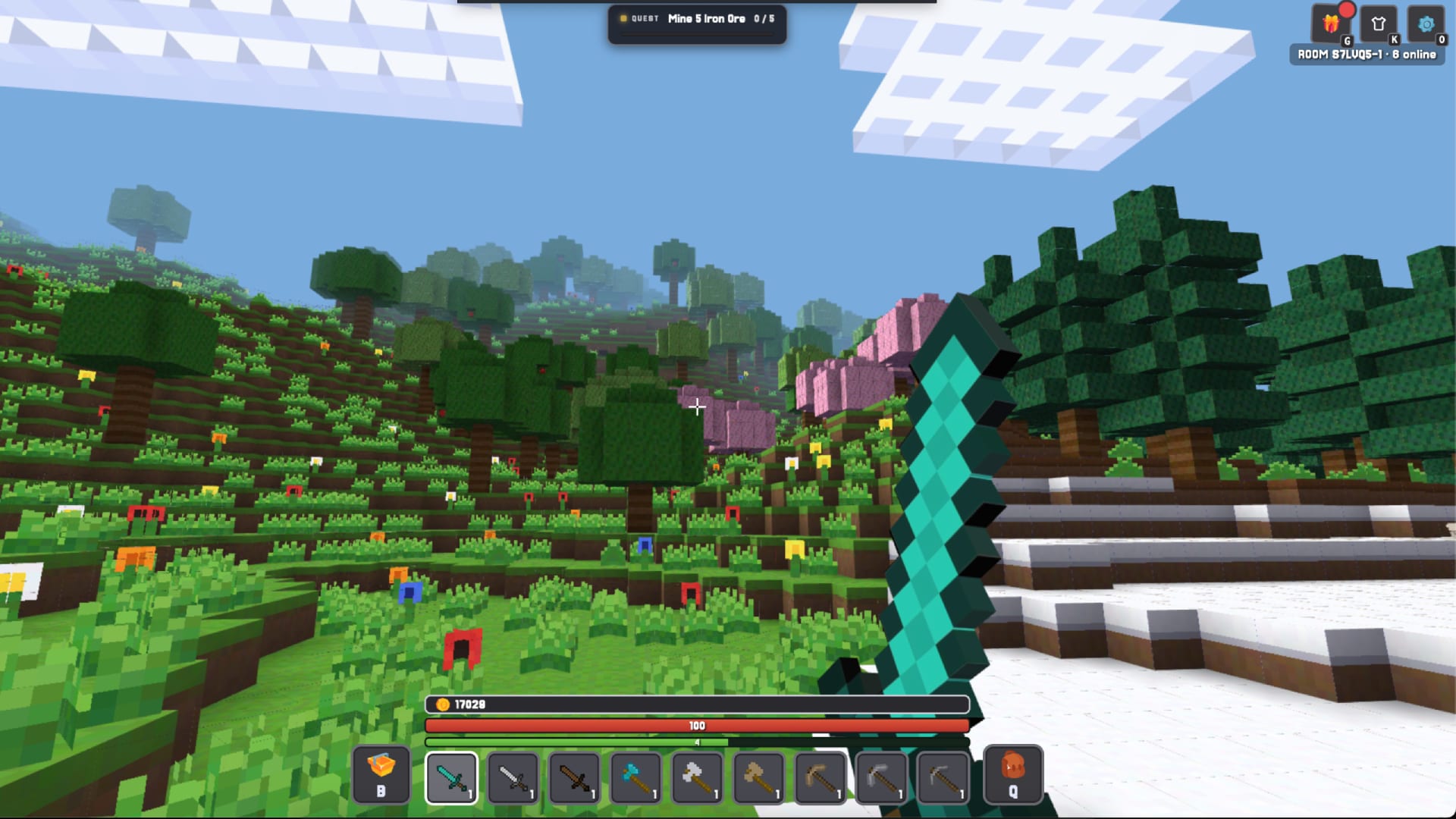 Kubz.io — swinging a diamond sword through a lush forest of trees and cherry blossoms at the edge of the snow.